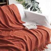新款针织纯色床尾巾美式装饰毛线毯酒店床尾毯宾馆床旗床盖ins|桔红色大菱形 小号127*180cm(含苏)