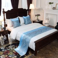 星级酒店宾馆民宿床尾巾床旗靠垫抱枕床盖桌旗床裙|抽象线条天蓝 1.8米床(50cm*240cm)