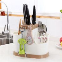 590刀叉筷笼-白色+2粘钩|三格置物沥水筷笼多功能菜刀刀架沥水勺子筷子盒筒厨房餐具收纳架