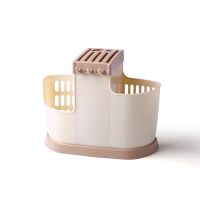 590刀叉筷笼-卡其色|三格置物沥水筷笼多功能菜刀刀架沥水勺子筷子盒筒厨房餐具收纳架