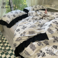 熊起家纺2021韩版黑边赫本花少女四件套水洗棉床单被套被罩学生宿舍床上三件套