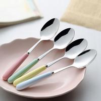 1/2/4支装陶瓷柄不锈钢勺子家用韩式糖果色一家四口学生可爱餐具