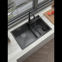 黑色纳米不锈钢水槽单槽法耐洗菜盆厨房双槽下沉台阶洗碗池