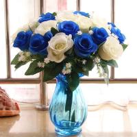仿真花假花客厅摆设茶几摆件干花艺仿真花束玻璃花瓶套装盆栽H6|孔雀蓝蓝把玫瑰+蓝玻璃