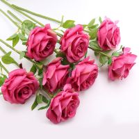 假花玫瑰花束客厅家居餐桌插花瓶摆件情人节仿真玫瑰单支塑料干花W9|紫红色 短杆10枝m