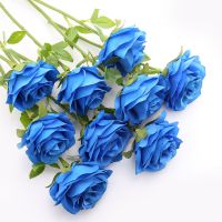 假花玫瑰花束客厅家居餐桌插花瓶摆件情人节仿真玫瑰单支塑料干花W9|深宝蓝o 短杆10枝m
