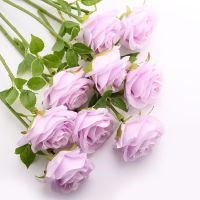 假花玫瑰花束客厅家居餐桌插花瓶摆件情人节仿真玫瑰单支塑料干花W9|浅紫色 长款5枝装n