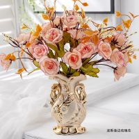 仿真花客厅室内摆设欧式花瓶插花摆件家居餐桌创意装饰品C5|波斯玫莲边（套装）