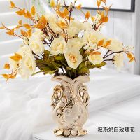 仿真花客厅室内摆设欧式花瓶插花摆件家居餐桌创意装饰品C5|波斯玫奶白（套装）