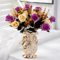 仿真花客厅室内摆设欧式花瓶插花摆件家居餐桌创意装饰品C5|10头紫色玫瑰花（套装）