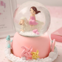 飘雪水晶球旋转发光音乐盒八音盒送闺蜜女生小孩儿童创意生日礼物H5|蒲公英女孩旋转粉色