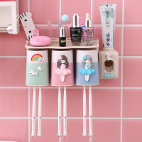 卫生间免打孔壁挂式牙刷架套装置物架家用儿童可爱N3|海豚女孩（三人位）含挤牙膏器