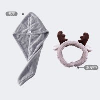 速干擦头发干发帽包头巾擦头巾女可爱加厚吸水毛洗头发浴帽干发巾|浅灰日式干发帽+咖色鹿角束发带