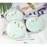 盘子8英寸菜盘创意中式饭盘家用不规则餐盘可微波炉盘子4个装S5|十里飘香8英寸荷口果盘青釉4个装