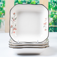 盘子8英寸菜盘创意中式饭盘家用不规则餐盘可微波炉盘子4个装S5|清新淡雅8英寸白色方盘4个装