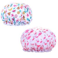双层加厚防水印花女款浴帽厨房用帽子防油头套洗头洗澡浴帽Q4|水果+火烈鸟 26*26