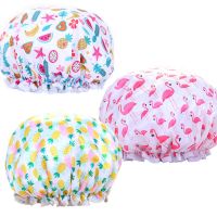 双层加厚防水印花女款浴帽厨房用帽子防油头套洗头洗澡浴帽Q4|水果+菠萝+火烈鸟 26*26