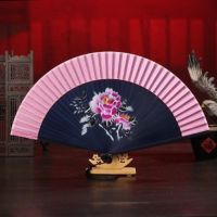 扇子折扇买二送一中古风古典舞蹈女扇古装日式夏季折叠扇J9|手绘款蓝底黑叶牡丹