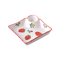 网红餐具盘家用菜盘方盘创意手绘草莓水饺盘饺子盘带醋碟托盘P2|7.5英寸手绘饺子盘-草莓