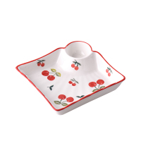 网红餐具盘家用菜盘方盘创意手绘草莓水饺盘饺子盘带醋碟托盘P2|7.5英寸手绘饺子盘-樱桃