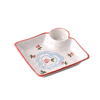 网红餐具盘家用菜盘方盘创意手绘草莓水饺盘饺子盘带醋碟托盘P2|7.5英寸手绘饺子盘-桃心红边