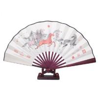 中10寸丝绸大绢扇子古风折扇雕刻手工艺礼品复古典男折叠扇竹C6|八骏图（白）