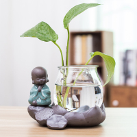 创意玻璃摆件迷你水养桌面小花皿客厅茶几绿萝富贵竹插瓶容器U7|姜黄色莲藕底祈福