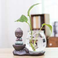 创意玻璃摆件迷你水养桌面小花皿客厅茶几绿萝富贵竹插瓶容器U7|西瓜红莲蓬底如来