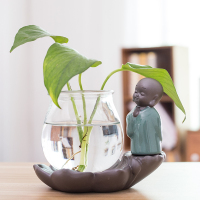创意玻璃摆件迷你水养桌面小花皿客厅茶几绿萝富贵竹插瓶容器U7|灰色莲芝底-无所谓