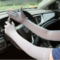 加长防晒冰丝手套男女透气防晒袖套二指骑行开车防滑冰爽钓鱼护臂W1|女款加长冰丝灰色