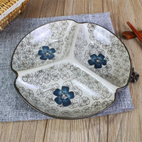 日式分格快餐菜盘子干果水果盘 创意家用大人餐盘K0|8.5英寸三格盘蓝富贵