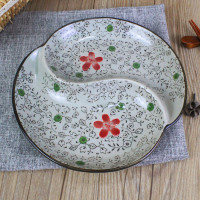 日式分格快餐菜盘子干果水果盘 创意家用大人餐盘K0|8.5英寸二格盘大红花