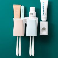 卫生间吸壁式牙刷架壁挂洗漱架牙刷筒牙刷杯牙刷置物架套装收纳架|带挤牙器 方口杯4口（不送字帖）