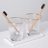 日式ins描金口锤纹网红玻璃北欧刷牙牙缸带托盘Q5|1对杯子+2位托盘