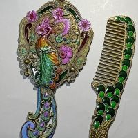 俄罗斯复古小号化妆镜手柄镜子梳子套装随身便持镜礼物女镜E0|单孔雀古铜套装礼盒