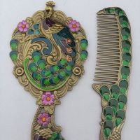 俄罗斯复古小号化妆镜手柄镜子梳子套装随身便持镜礼物女镜E0|弯孔雀古铜套装礼盒