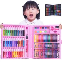 儿童水彩笔彩色铅笔150件套装画笔蜡笔绘画工具小学生|水彩笔150件套[粉色] [赠12本涂色本]