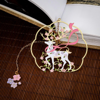 生日礼物金属文艺复学生文具文化创意精美镂空黄铜清新可爱伴手实用古典中小大鱼海棠礼品送|团扇--丝带粉色小鹿--花朵吊坠