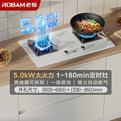 老板(ROBAM)5.0kW定时单灶具燃气灶白色钢化玻璃煤气灶天然气灶具双眼灶嵌入式炉具37B8XW(天然气)