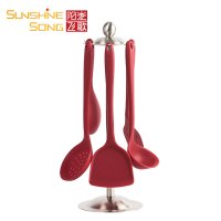 阳光飞歌 硅胶厨具套装 耐高温防烫不粘锅硅胶勺硅胶铲硅胶漏勺硅胶饭勺硅胶漏铲厨具架套装 6件套 红色