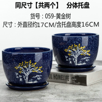 绿萝花盆陶瓷简约两件套装花盆古达艺术花盆桌面多肉花盆大号 孔雀蓝059-黄金树17cm 同尺寸[共两个]