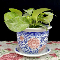 陶瓷青花瓷花盆特大号铁树盆阳台水培古达盆栽方形家用 红彩勾连 外径39内径32