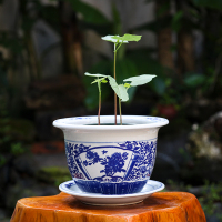 青花瓷盆陶瓷花盆带托盘透气古达花卉绿植盆栽盆 扇形牡丹 外径34内径27