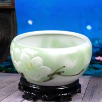 盆缸碗莲睡莲绿萝水仙古达特大口径花盆鱼缸无孔陶瓷盆 刻兰送底座 大号直径42高20