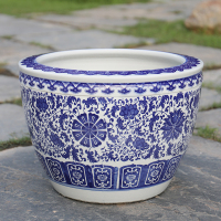 睡莲花盆青花瓷碗莲荷花花盆水缸种铁树古达花盆庭院陶瓷缸 缠枝莲深缸小号直径42cm 底部无孔(养鱼水培植物专用)