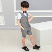 迪鲁奥(DILUAO)夏款短袖男童小西装花童礼服三件套儿童格子马甲套装童装演出服[夏]