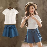 迪鲁奥(DILUAO)童装女童套装2021新款夏装儿童装时髦两件套9牛仔短裤T恤洋气韩版时尚小女孩时髦两件套[夏] 如图
