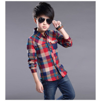 迪鲁奥(DILUAO)长袖衬衫男春秋季韩版花格子单口袋中大童衬衣儿童新款童装[夏]