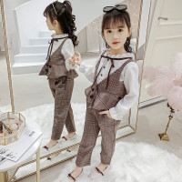 迪鲁奥(DILUAO)品牌童装女儿童套装2021春秋时尚新款百搭中大童洋气衬衫格子马甲裤子三件套3-14岁小女孩衣服