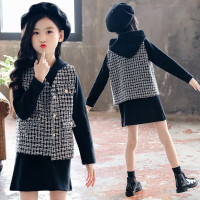 迪鲁奥（DILUAO)女童套裙秋装2021新款3-15岁女孩百搭时髦卫衣裙+马甲两件套超洋气儿童小香风套装裙 黑色